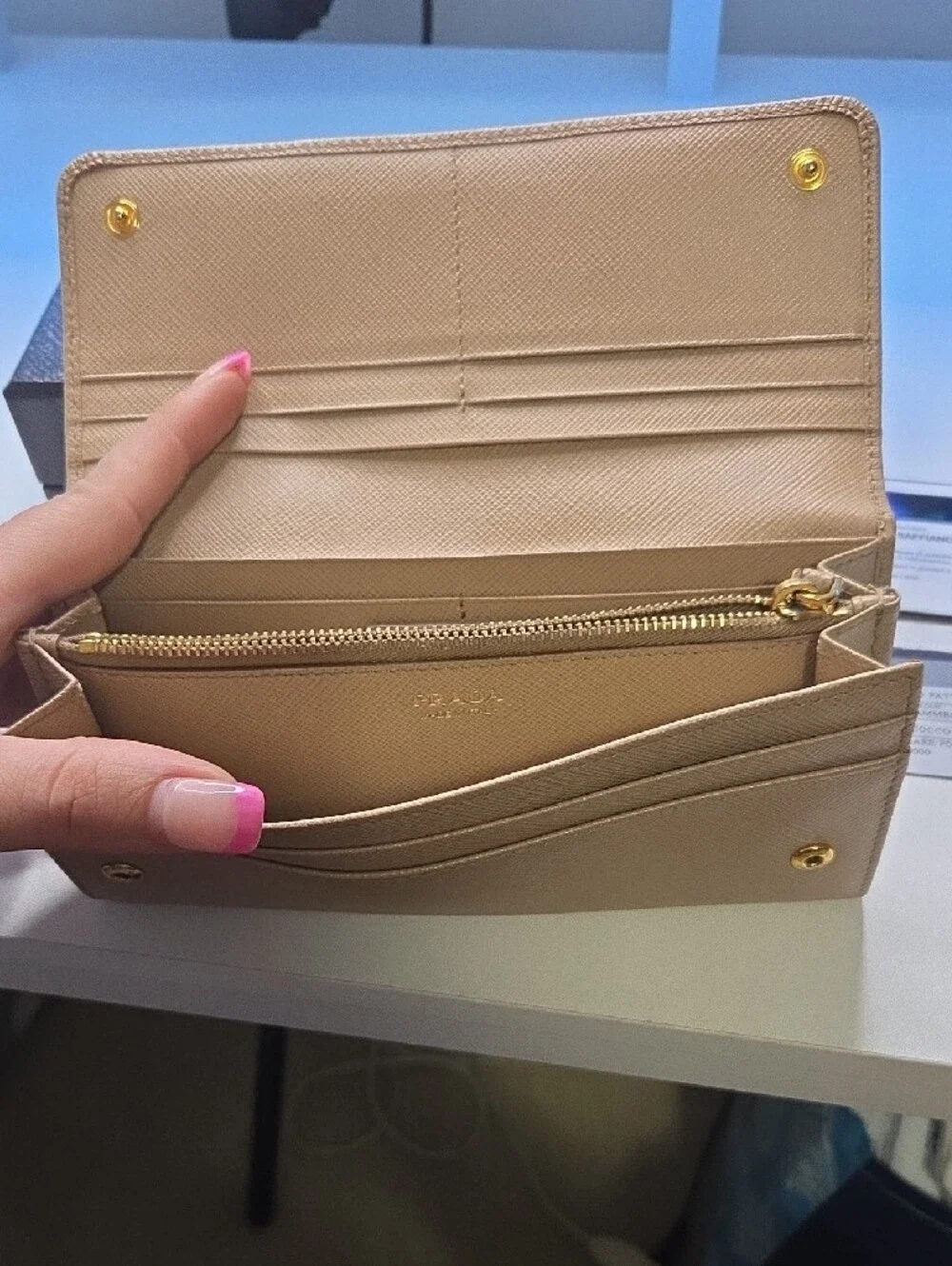 Prada Beige Saffiano Fiocco  Bow-Accent Wallet with Gold Plaque